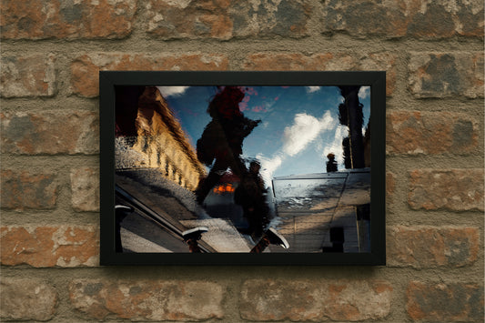 “Reflections in Motion – Urban Mirror Frame” 🖤🌧️🚶‍♂️