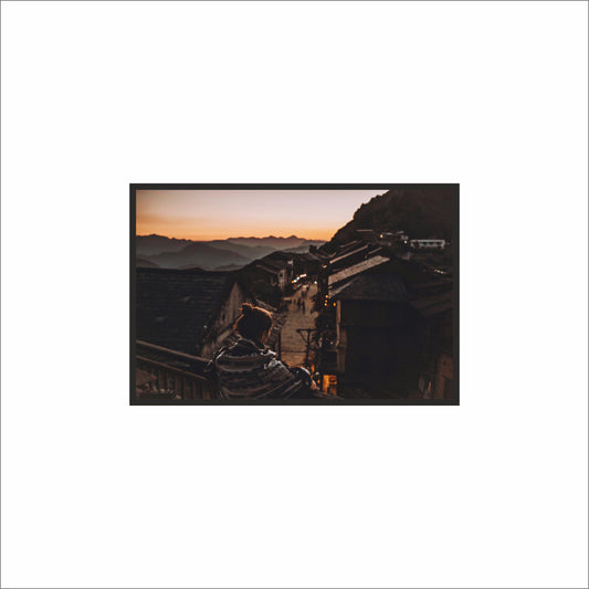 “Sunset Watcher – Mountain Village Frame” 🌄🖤