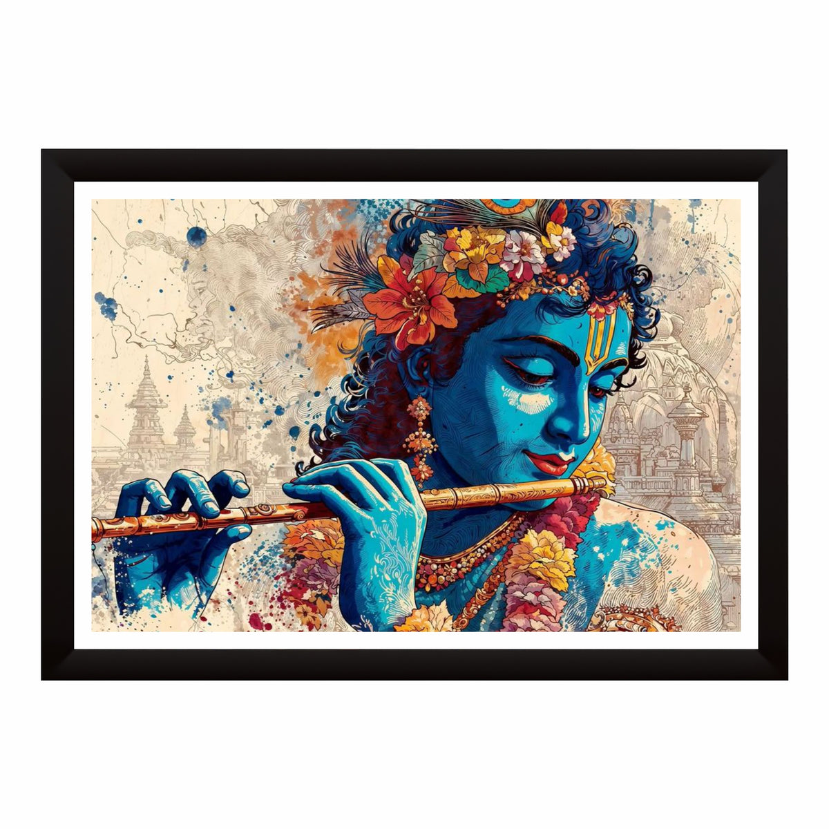 Lord Krishna Abstract Wall Art | Modern Flute Krishna Painting | Watercolor Hindu Spiritual Artwork | Premium HD Religious Wall Frame