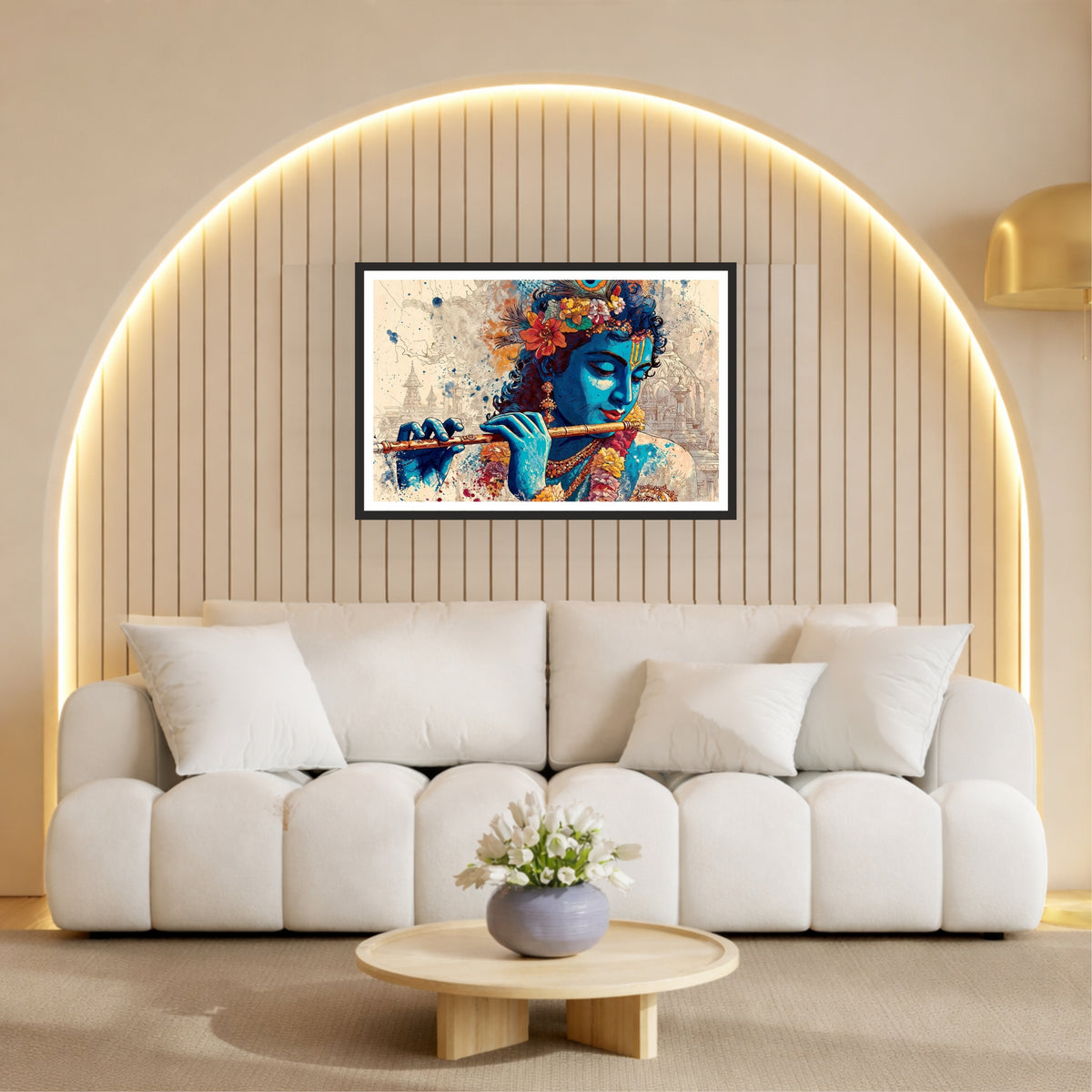 Lord Krishna Abstract Wall Art | Modern Flute Krishna Painting | Watercolor Hindu Spiritual Artwork | Premium HD Religious Wall Frame