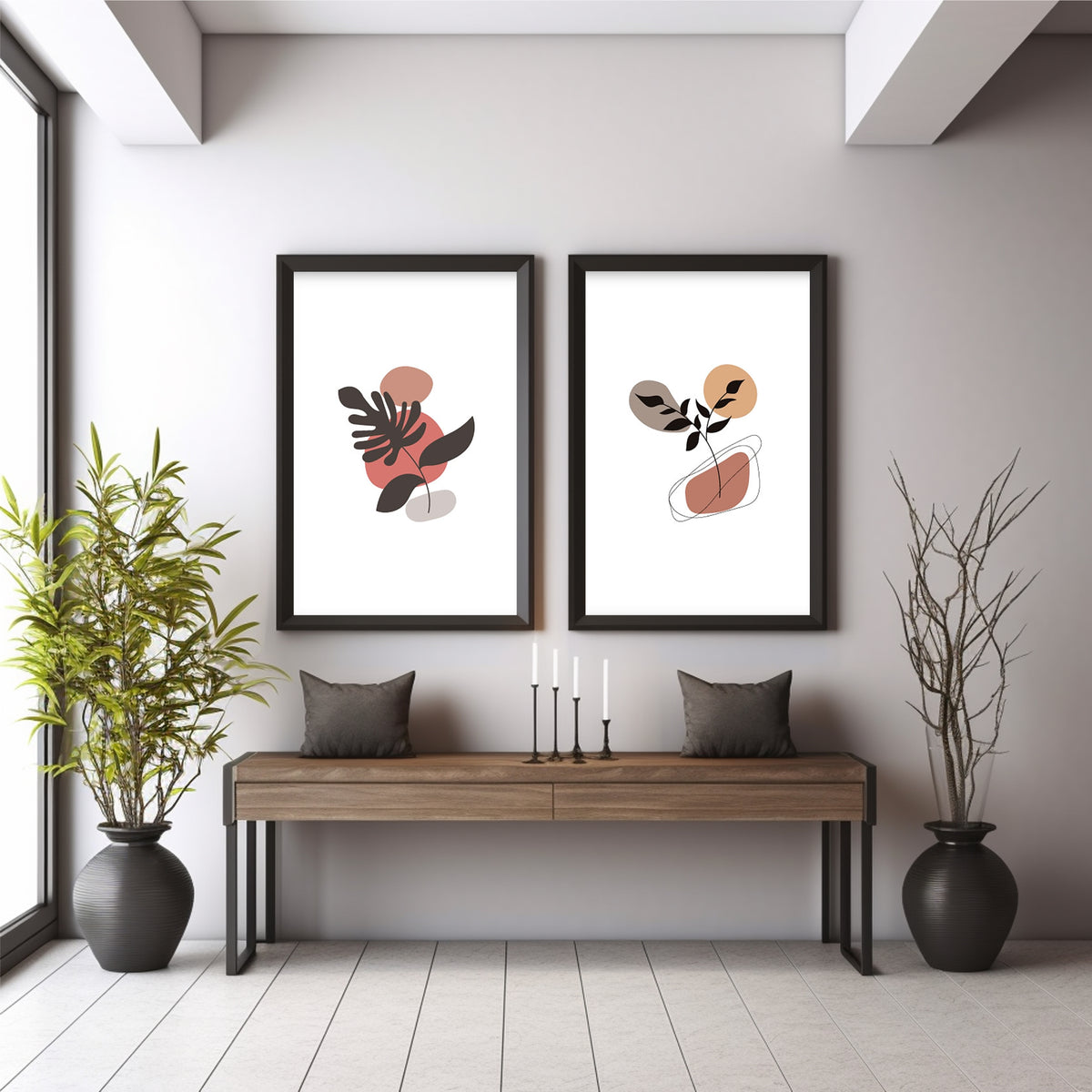 Abstract Botanical Wall Art Set of 2 | Modern Black Leaf & Terracotta Prints | Minimalist Organic Shape Home Decor