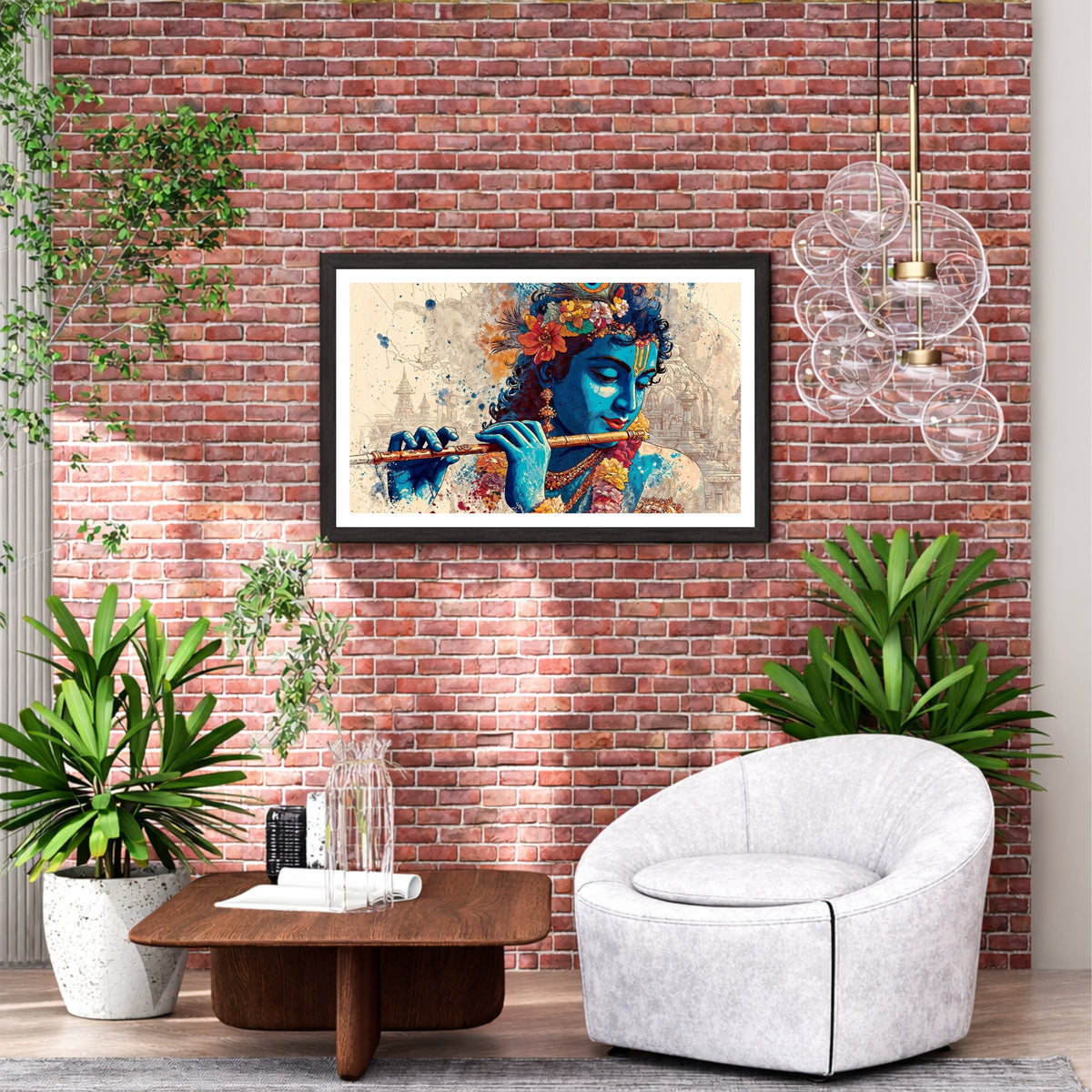 Lord Krishna Abstract Wall Art | Modern Flute Krishna Painting | Watercolor Hindu Spiritual Artwork | Premium HD Religious Wall Frame