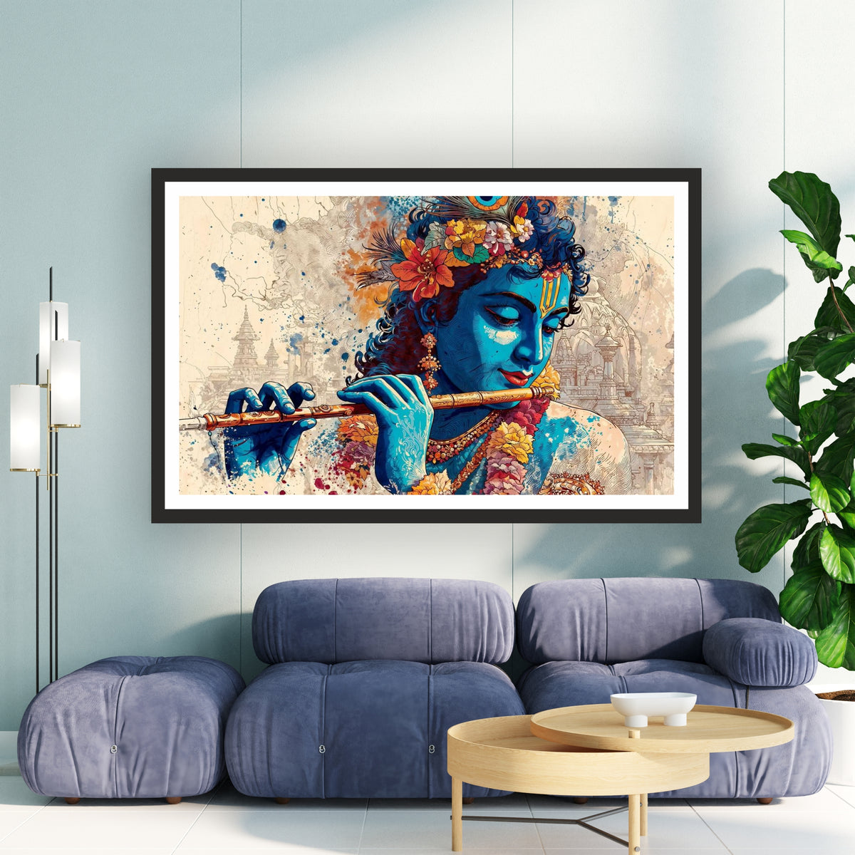 Lord Krishna Abstract Wall Art | Modern Flute Krishna Painting | Watercolor Hindu Spiritual Artwork | Premium HD Religious Wall Frame
