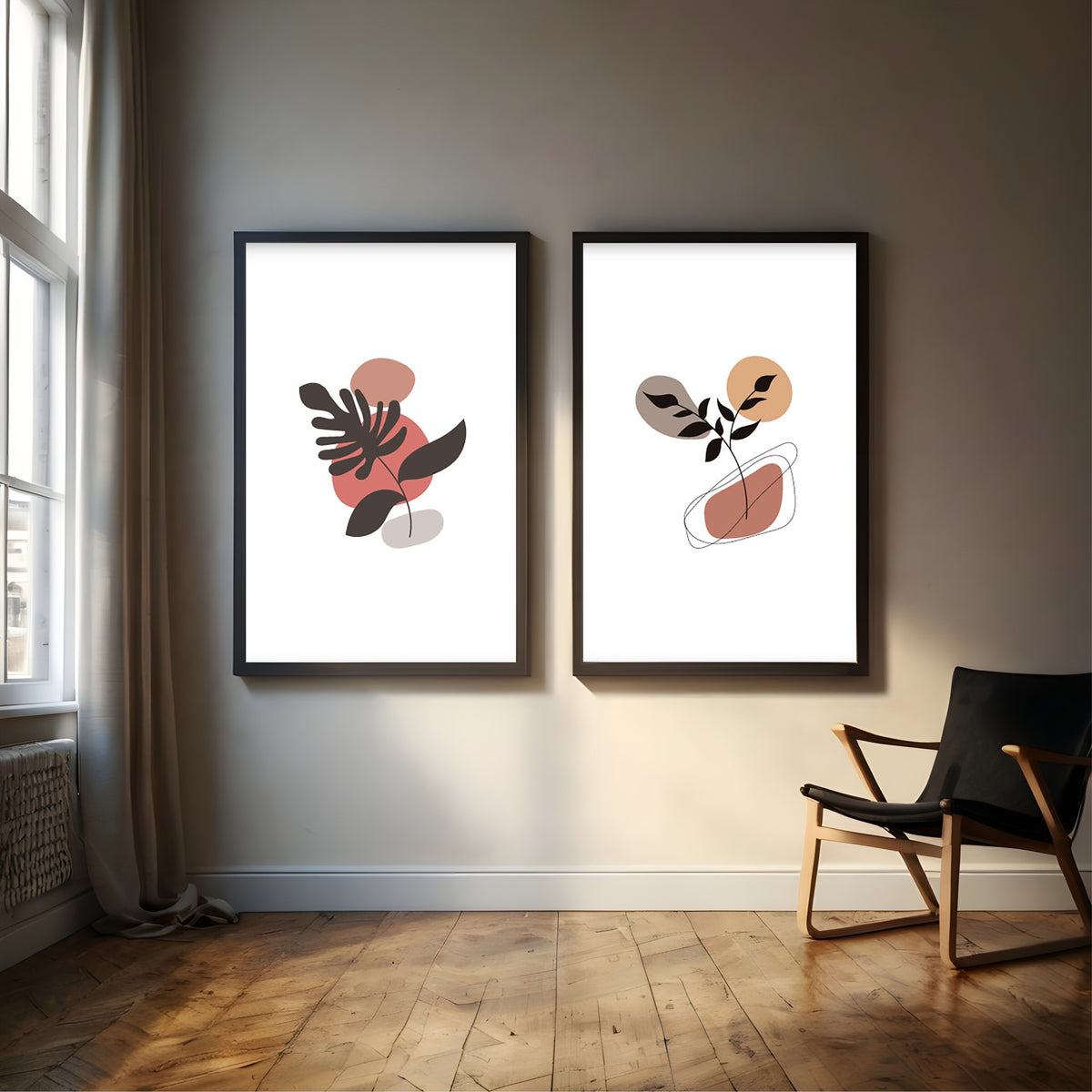 Abstract Botanical Wall Art Set of 2 | Modern Black Leaf & Terracotta Prints | Minimalist Organic Shape Home Decor