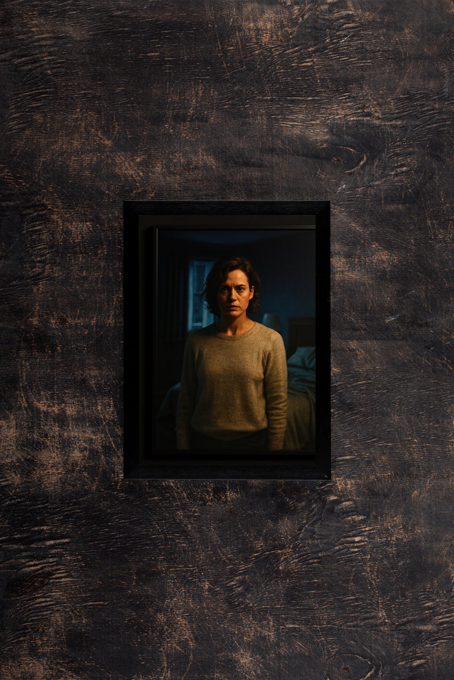 “The Haunted Witness – Dark Thriller Portrait Frame” 🖤🔦