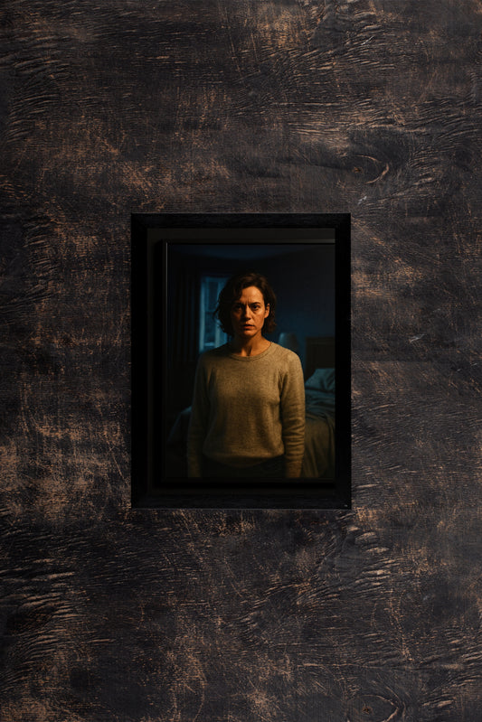 “The Haunted Witness – Dark Thriller Portrait Frame” 🖤🔦