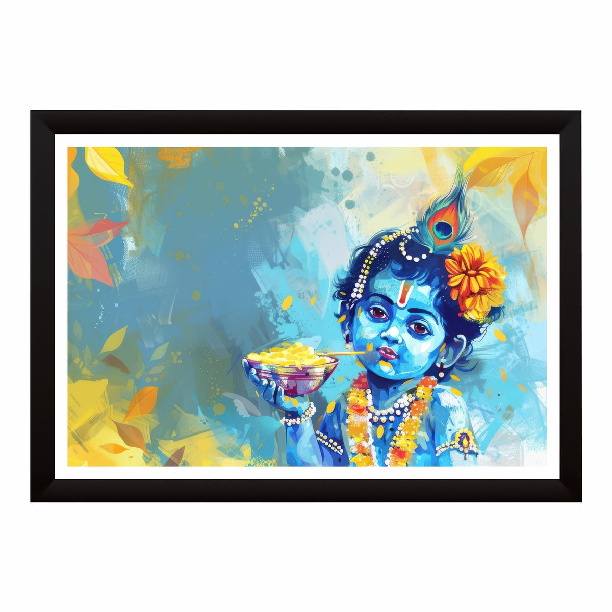 Bal Krishna Wall Art | Makhan Chor Krishna Painting | Cute Baby Krishna Abstract Watercolor Artwork | Premium HD Hindu Religious Wall Frame