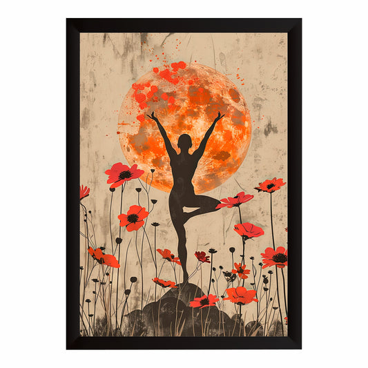 Yoga Silhouette Wall Art | Orange Moon & Red Floral Artwork