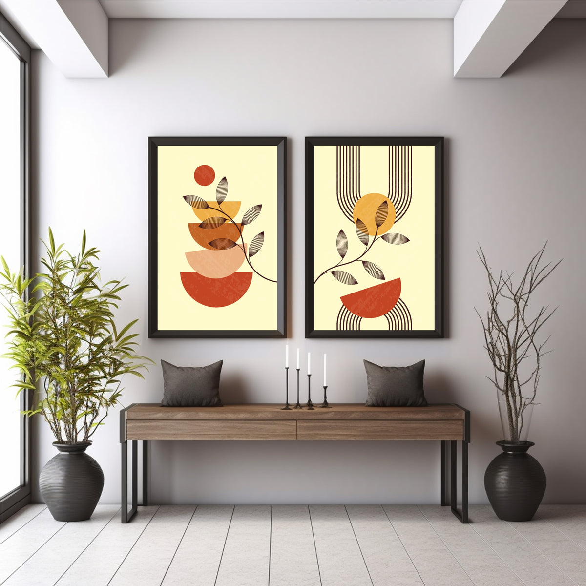 Abstract Botanical Wall Art Set of 2 | Terracotta Geometric Leaf Prints | Modern Minimalist Boho Home Decor