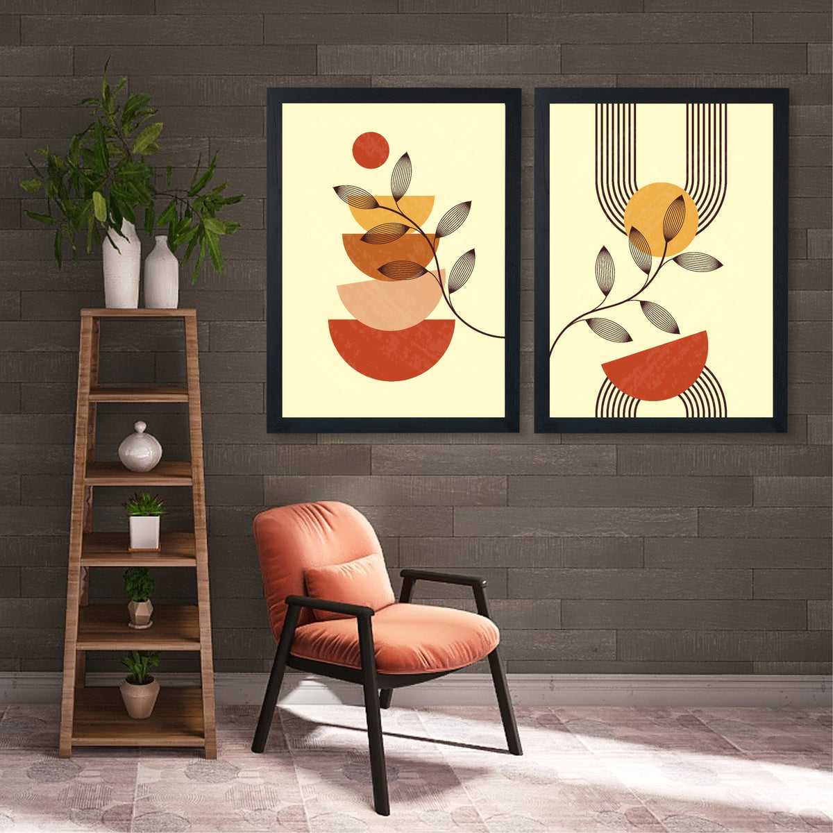 Abstract Botanical Wall Art Set of 2 | Terracotta Geometric Leaf Prints | Modern Minimalist Boho Home Decor