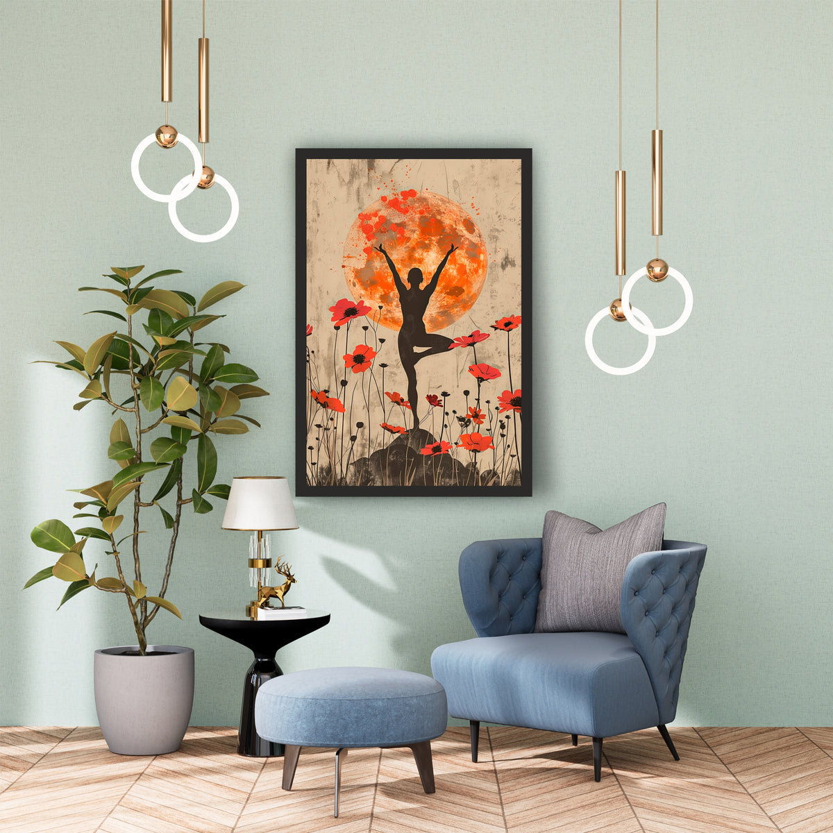 Yoga Silhouette Wall Art | Orange Moon & Red Floral Artwork