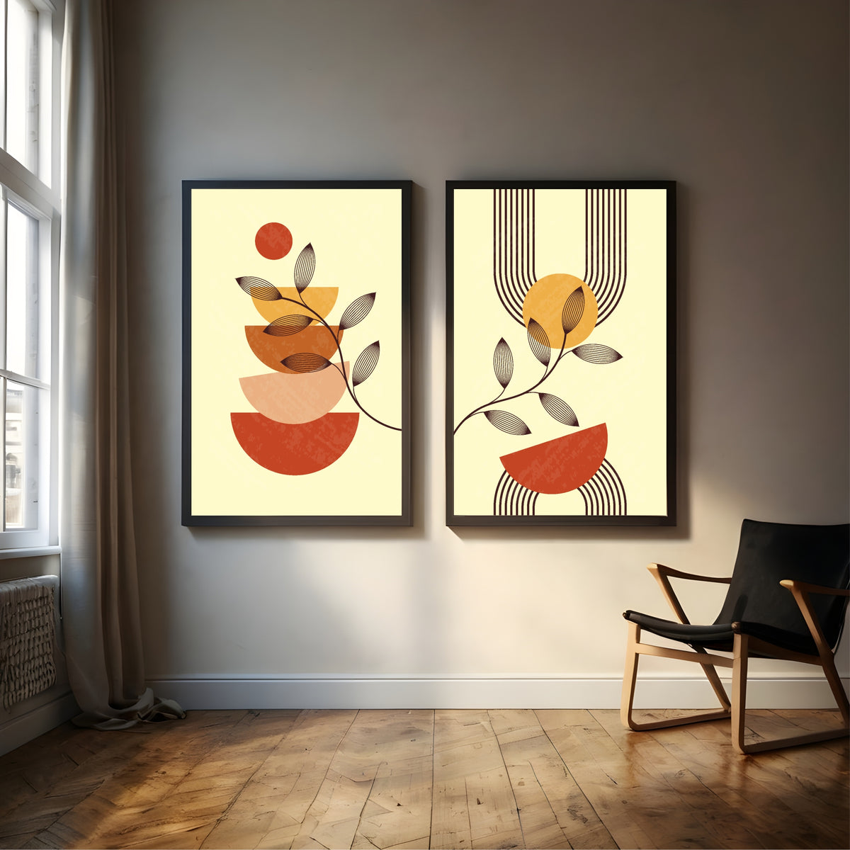 Abstract Botanical Wall Art Set of 2 | Terracotta Geometric Leaf Prints | Modern Minimalist Boho Home Decor