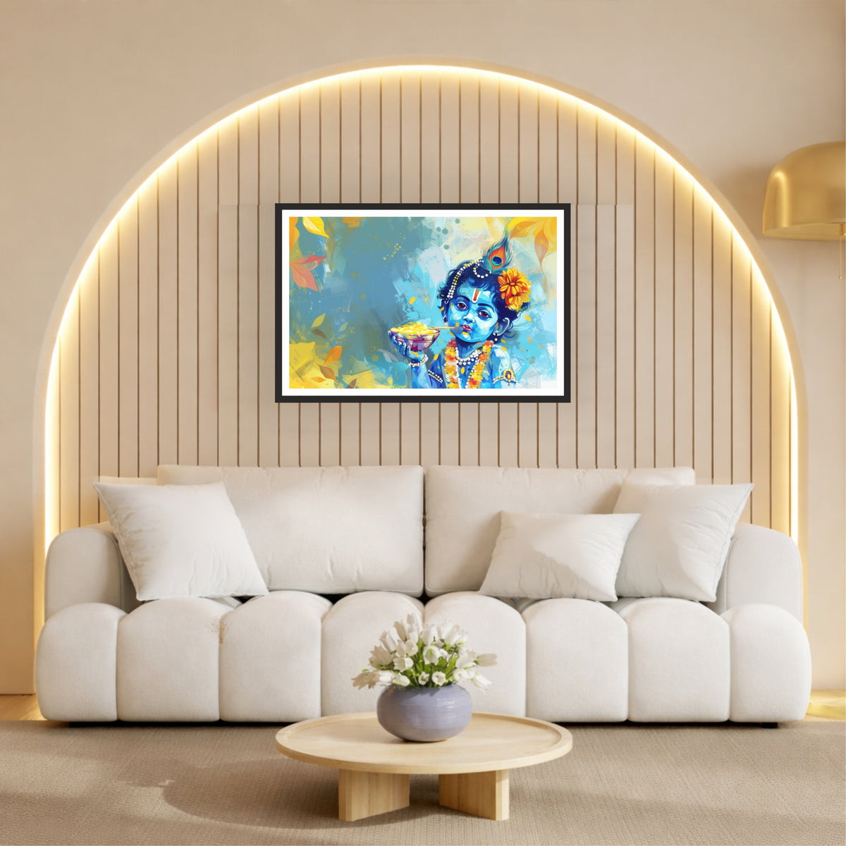 Bal Krishna Wall Art | Makhan Chor Krishna Painting | Cute Baby Krishna Abstract Watercolor Artwork | Premium HD Hindu Religious Wall Frame