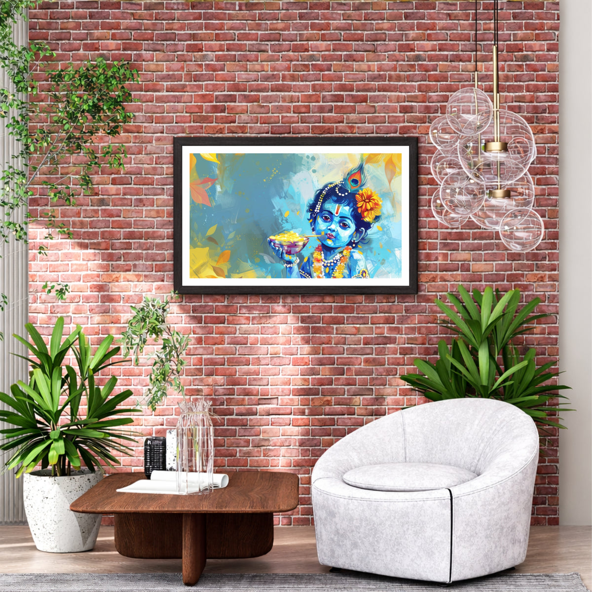 Bal Krishna Wall Art | Makhan Chor Krishna Painting | Cute Baby Krishna Abstract Watercolor Artwork | Premium HD Hindu Religious Wall Frame
