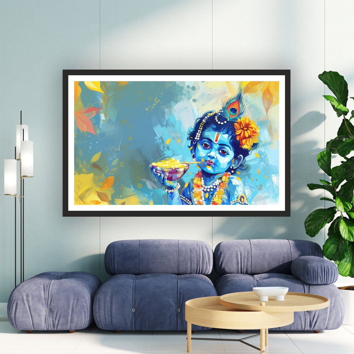 Bal Krishna Wall Art | Makhan Chor Krishna Painting | Cute Baby Krishna Abstract Watercolor Artwork | Premium HD Hindu Religious Wall Frame