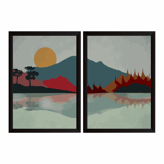 Abstract Mountain Landscape Wall Art Set of 2 | Minimalist Lake & Mountain Prints | Modern Nature Wall Decor