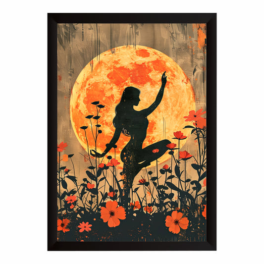 Yoga Meditation Wall Art | Woman Yoga Pose with Orange Moon & Floral Silhouette