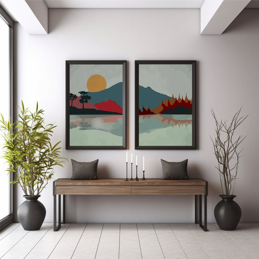 Abstract Mountain Landscape Wall Art Set of 2 | Minimalist Lake & Mountain Prints | Modern Nature Wall Decor