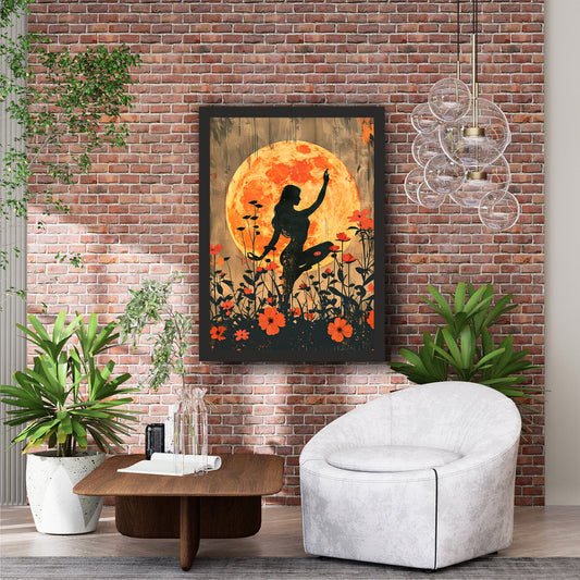 Yoga Meditation Wall Art | Woman Yoga Pose with Orange Moon & Floral Silhouette