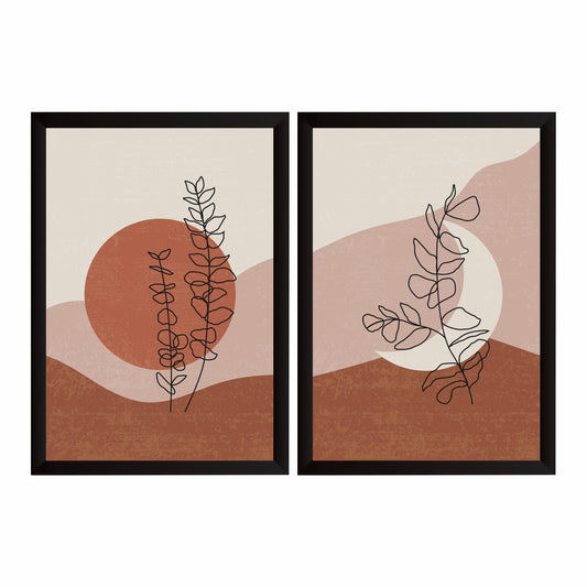 Abstract Botanical Wall Art Set of 2 | Minimalist Line Leaf Prints | Terracotta & Blush Modern Boho Decor
