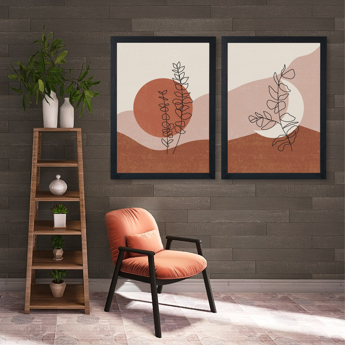 Abstract Botanical Wall Art Set of 2 | Minimalist Line Leaf Prints | Terracotta & Blush Modern Boho Decor