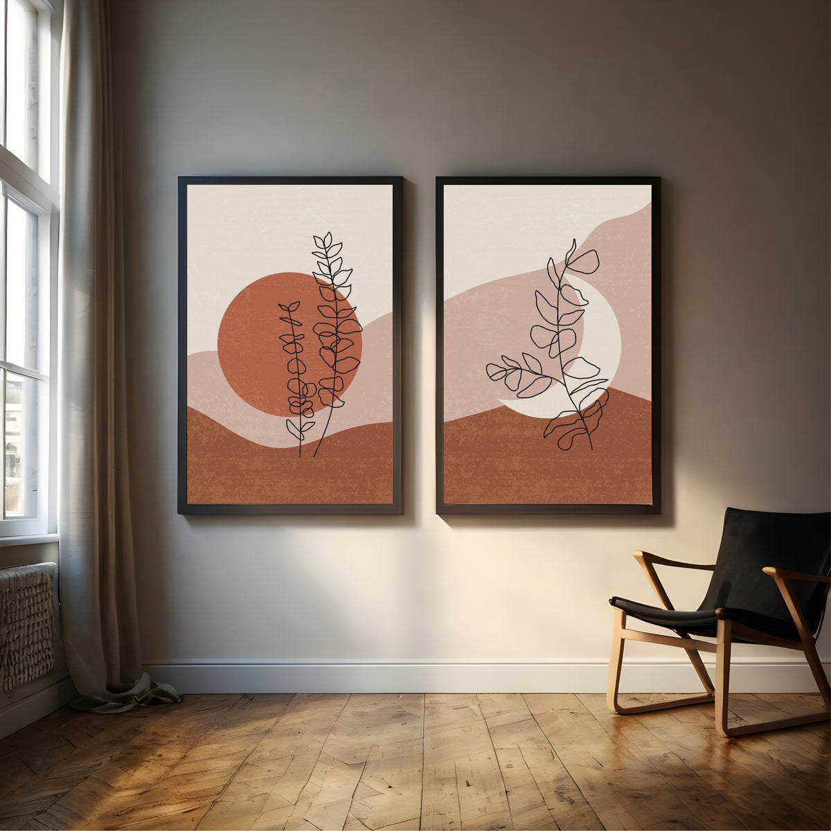 Abstract Botanical Wall Art Set of 2 | Minimalist Line Leaf Prints | Terracotta & Blush Modern Boho Decor
