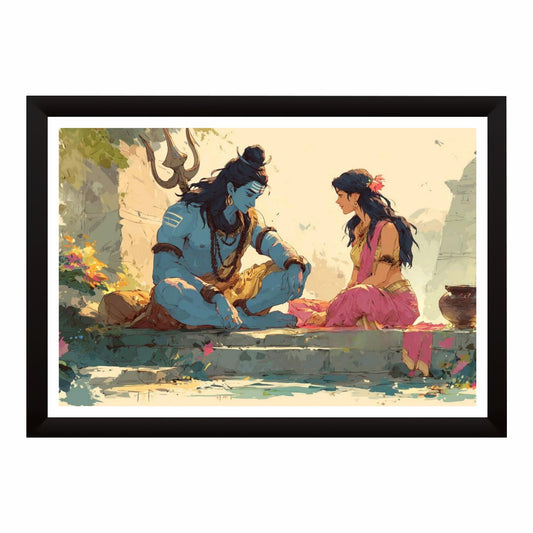 Shiva Parvati Wall Art | Divine Shiva Parvati Watercolor Painting | Mahadev & Maa Parvati Hindu Spiritual Artwork | Premium HD Religious Wall Frame