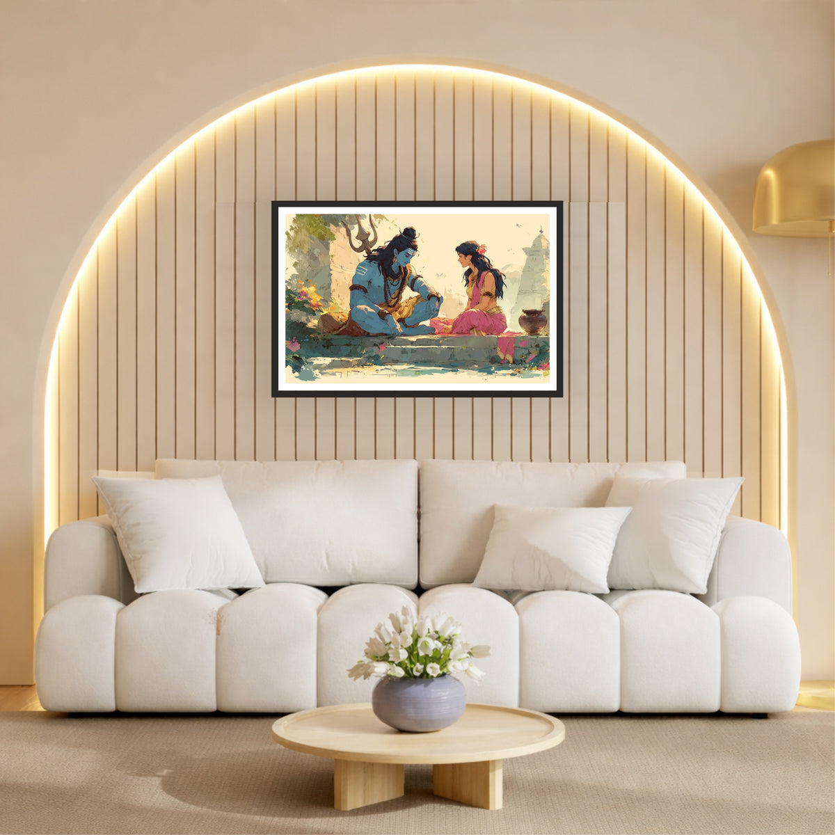 Shiva Parvati Wall Art | Divine Shiva Parvati Watercolor Painting | Mahadev & Maa Parvati Hindu Spiritual Artwork | Premium HD Religious Wall Frame