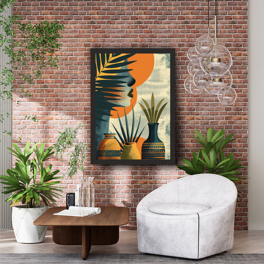 Abstract Face & Pottery Wall Art | Modern Boho Botanical Artwork