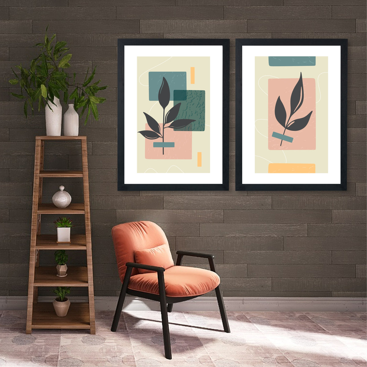 Abstract Botanical Wall Art Set of 2 | Modern Leaf & Geometric Prints | Sage Green & Blush Boho Decor