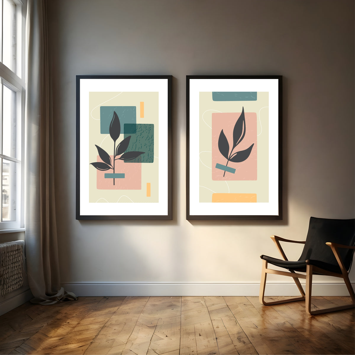 Abstract Botanical Wall Art Set of 2 | Modern Leaf & Geometric Prints | Sage Green & Blush Boho Decor