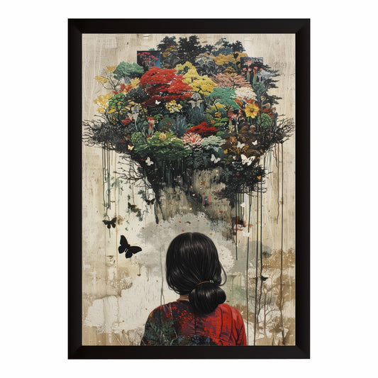 Blooming Forest Wall Art | Woman Looking at Magical Garden Artwork