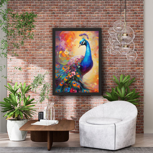 Colorful Peacock Wall Art | Vibrant Peacock Floral Painting