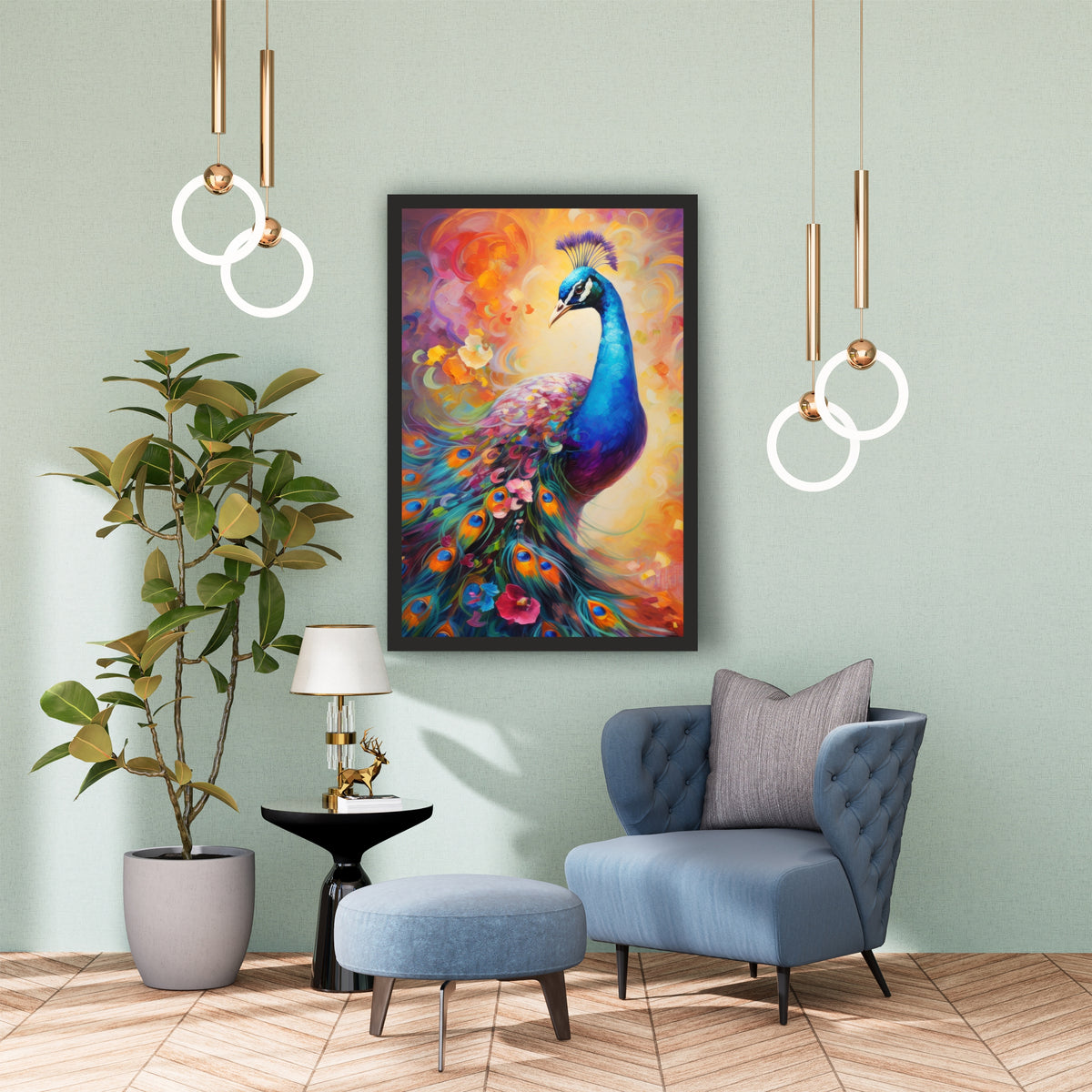 Colorful Peacock Wall Art | Vibrant Peacock Floral Painting