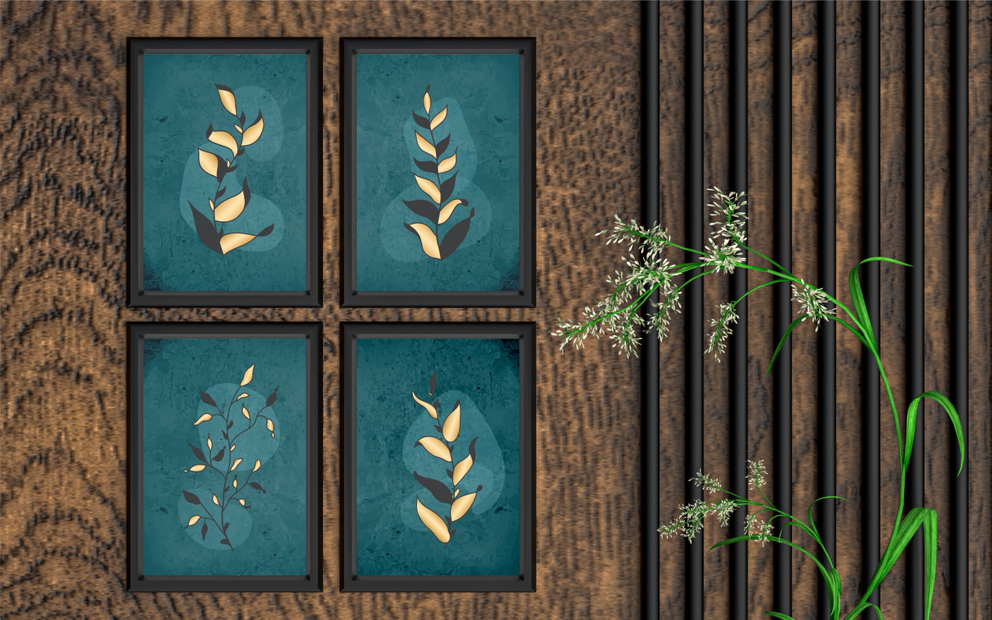 Teal Botanical Harmony – Set of 4 Wall Frames 🌿💙