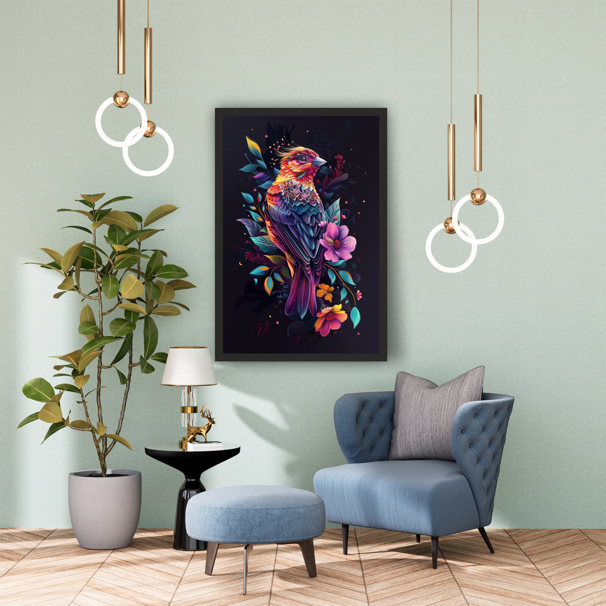 Colorful Fantasy Bird Wall Art | Vibrant Botanical Bird Artwork