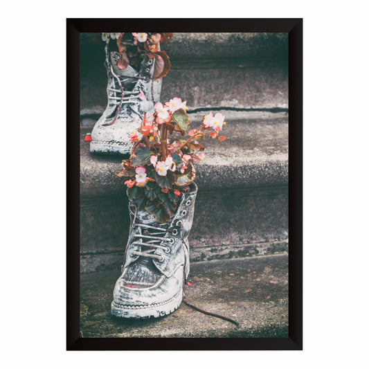 Floral Boots Wall Art | Vintage Boots with Flowers Artwork | Rustic Floral Photography | Nature & Fashion Wall Decor