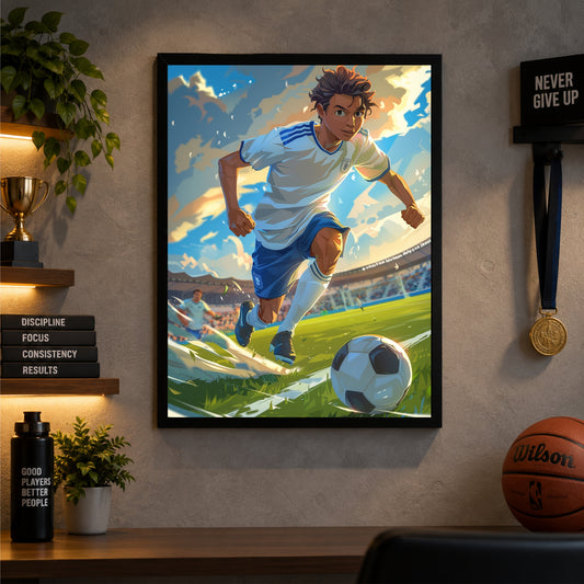 Soccer Football Wall Art – Dynamic Football Player Poster, Modern Sports Artwork, Inspirational Framed Wall Décor for Gym, Bedroom & Sports Room