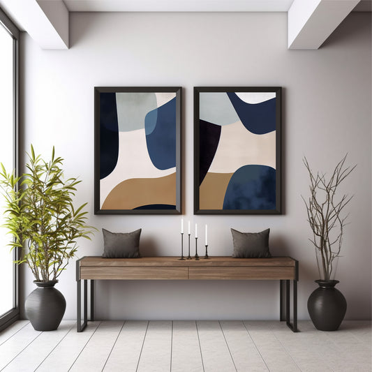 Modern Abstract Geometric Wall Art | Navy Blue & Beige Decor