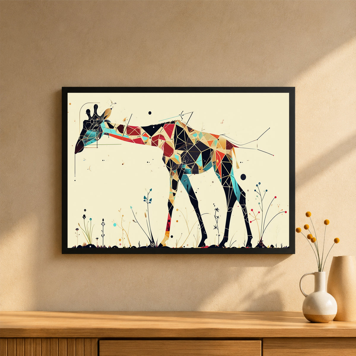 Giraffe Wall Art | Framed Colorful Geometric Giraffe Artwork | Modern Animal Décor