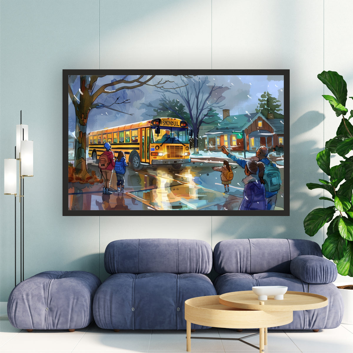 School Bus Wall Art | Kids School Transportation Canvas | Watercolor School Day Illustration Poster
