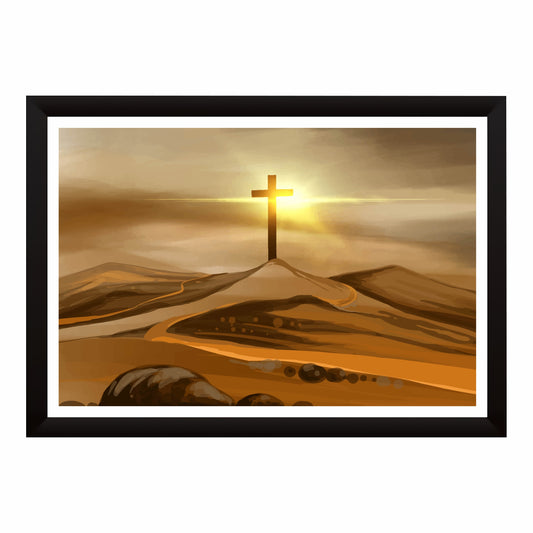 Christian Cross on Hill Wall Art | Cross of Calvary Canvas Print | Sunrise Cross Landscape | Easter, Good Friday & Christian Home Decor