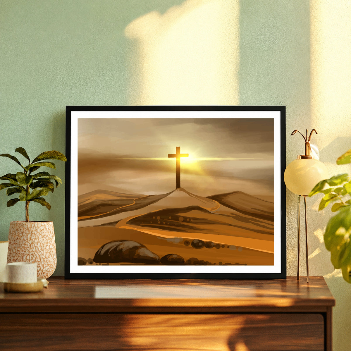 Christian Cross on Hill Wall Art | Cross of Calvary Canvas Print | Sunrise Cross Landscape | Easter, Good Friday & Christian Home Decor