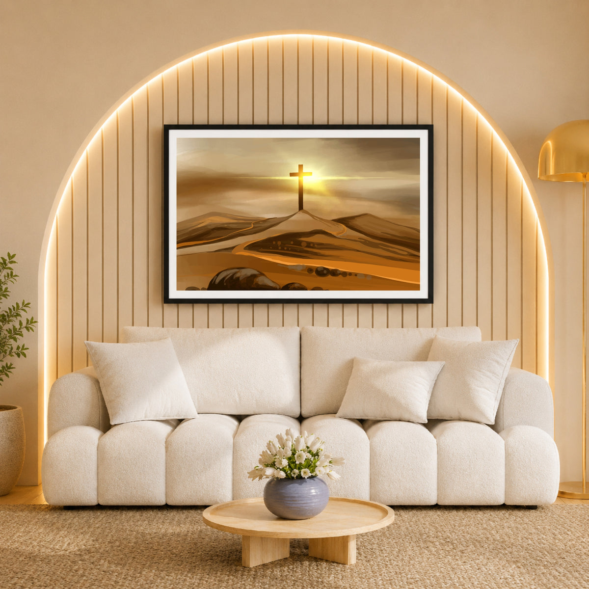 Christian Cross on Hill Wall Art | Cross of Calvary Canvas Print | Sunrise Cross Landscape | Easter, Good Friday & Christian Home Decor
