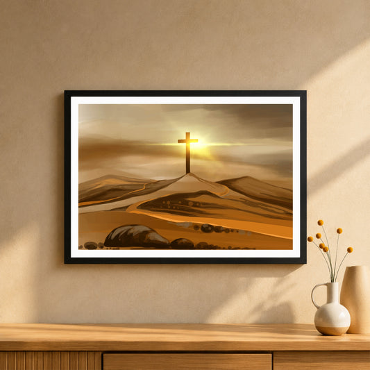Christian Cross on Hill Wall Art | Cross of Calvary Canvas Print | Sunrise Cross Landscape | Easter, Good Friday & Christian Home Decor