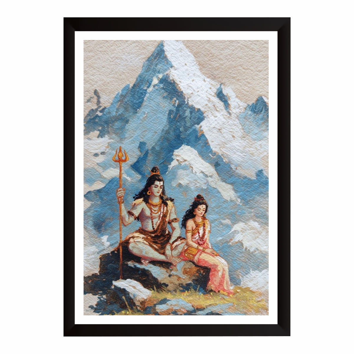 Shiva Parvati Wall Art | Kailash Mountain Divine Couple Painting | Mahadev & Maa Parvati Himalayan Artwork | Premium HD Hindu Religious Wall Frame