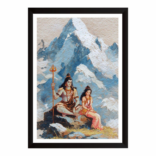 Shiva Parvati Wall Art | Kailash Mountain Divine Couple Painting | Mahadev & Maa Parvati Himalayan Artwork | Premium HD Hindu Religious Wall Frame