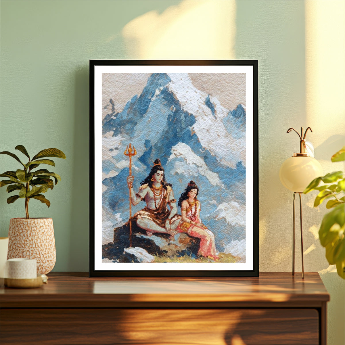 Shiva Parvati Wall Art | Kailash Mountain Divine Couple Painting | Mahadev & Maa Parvati Himalayan Artwork | Premium HD Hindu Religious Wall Frame
