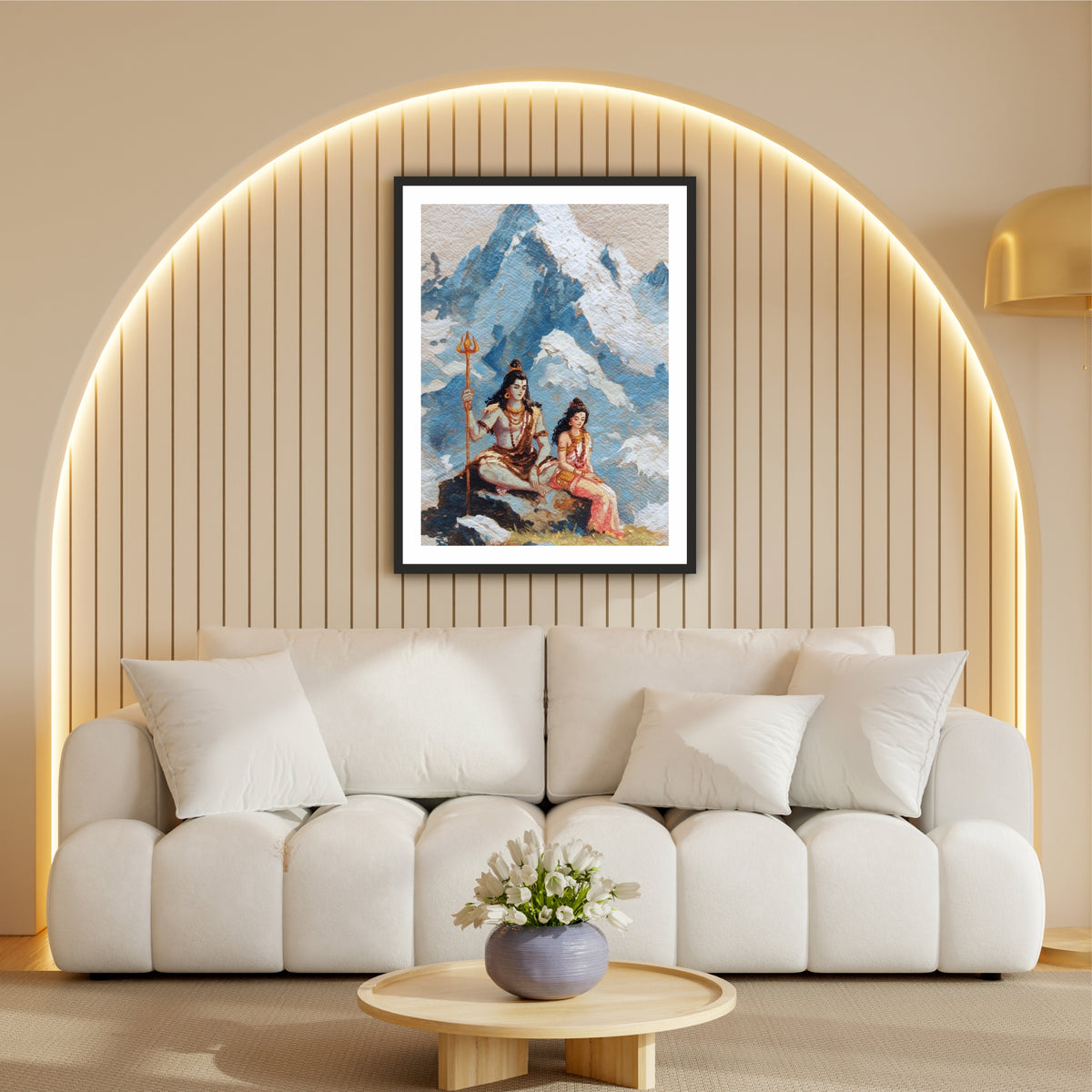 Shiva Parvati Wall Art | Kailash Mountain Divine Couple Painting | Mahadev & Maa Parvati Himalayan Artwork | Premium HD Hindu Religious Wall Frame