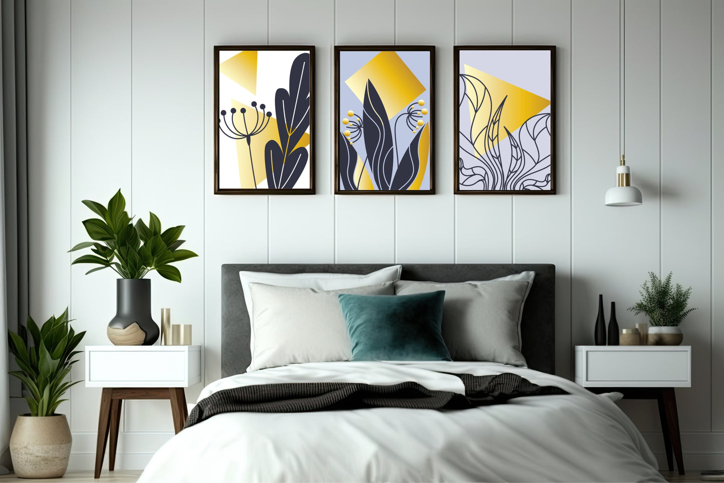 Golden Geometric Botanical Wall Frame Set – Luxe Modern Minimalist Decor ✨🌿